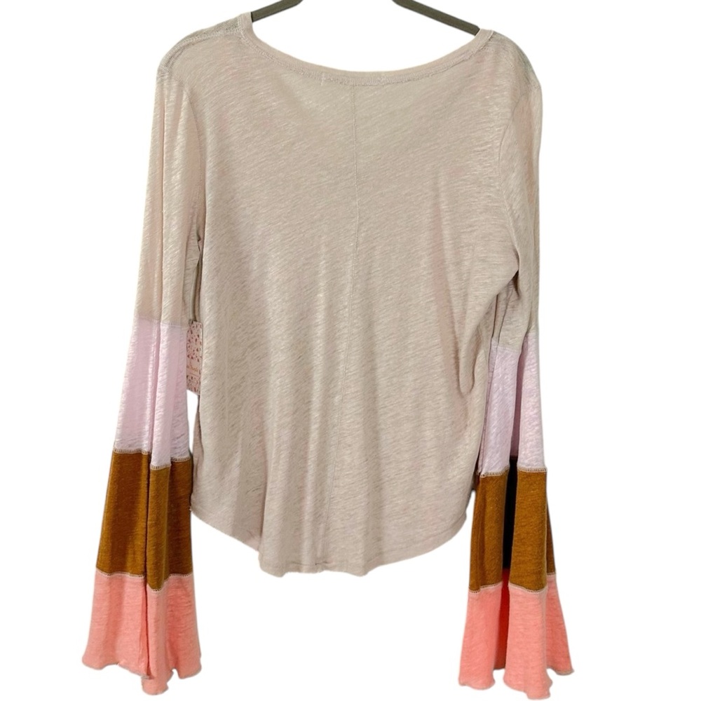 Free People Retro 70s Bohemian Bell Sleeve Neutral V Neck Top Small Linen NWT - Picture 13 of 15